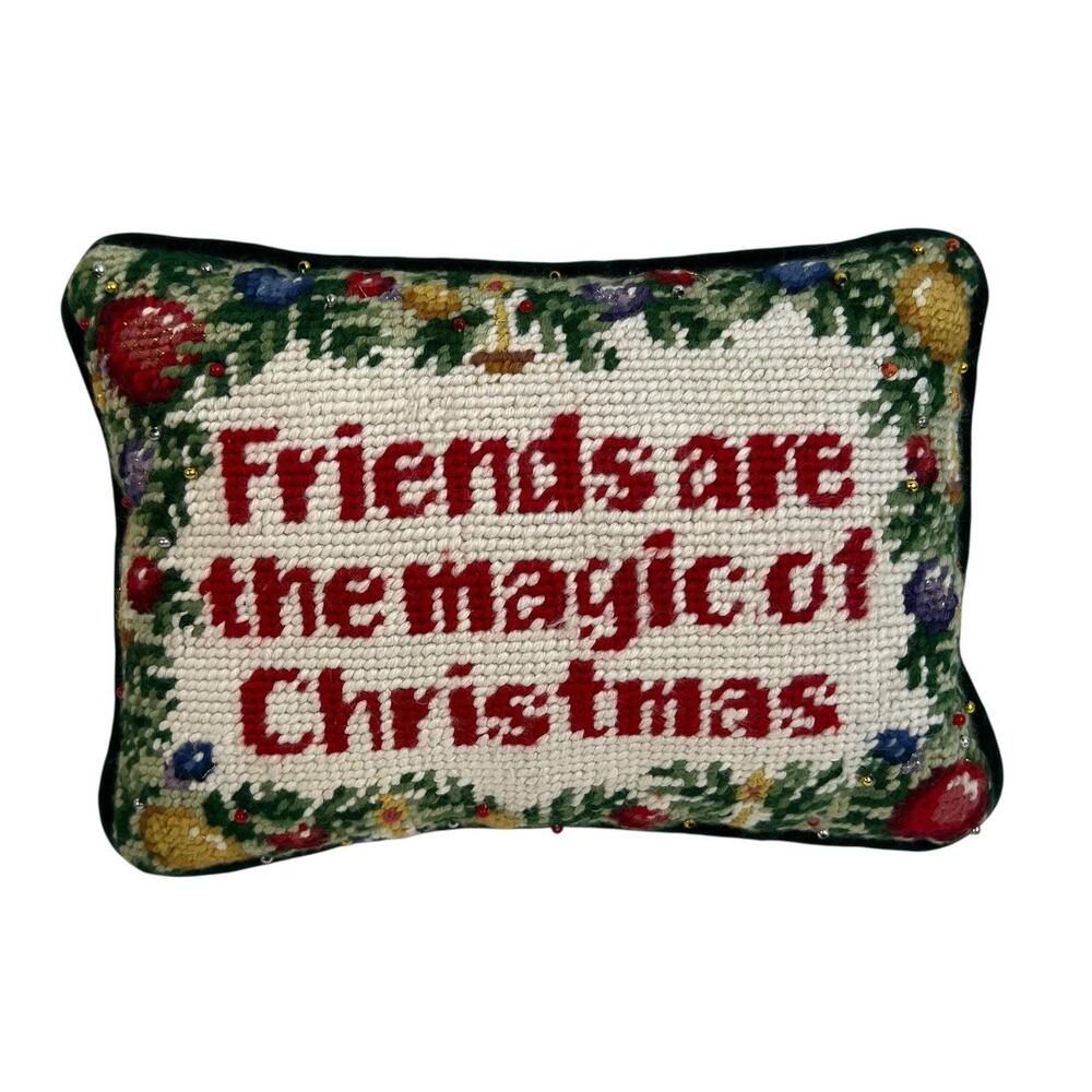 Vtg Merry Christmas Needlepoint Pillow Holiday Decor Green Velvet Bead Detail